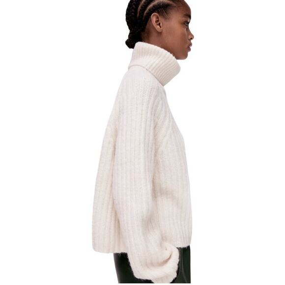 Zara Cream Light Pink Wool Alpaca Blend Ribbed Knit Turtleneck Sweater Medium - Picture 8 of 16